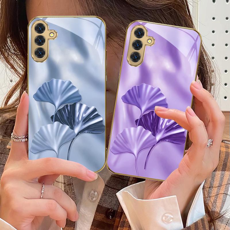 Luxurious Ginkgo Leaves For Samsung Galaxy S20 FE S21 S22 S23 Plus S24 Ultra 25Ultra S21+ S9+ S22Plus Golden glass phone case