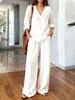 Women's Relaxed Long Sleeve Two Piece Matching Set Commuter V Neck T Shirt Wide Leg Pants Linen Co Ord