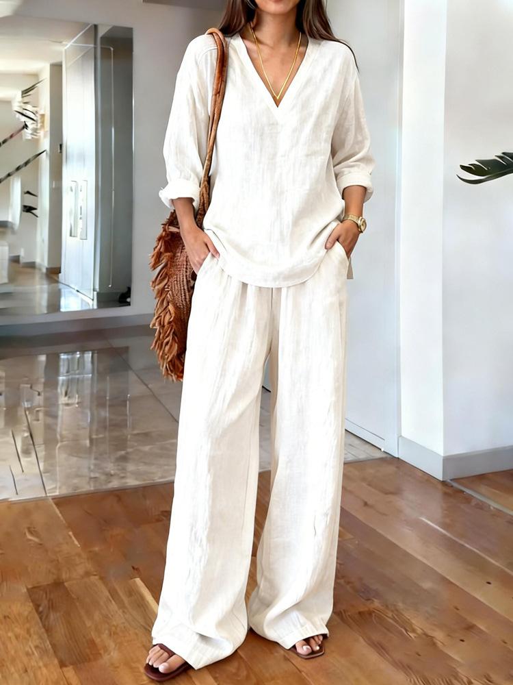 Women's Relaxed Long Sleeve Two Piece Matching Set Commuter V Neck T Shirt Wide Leg Pants Linen Co Ord