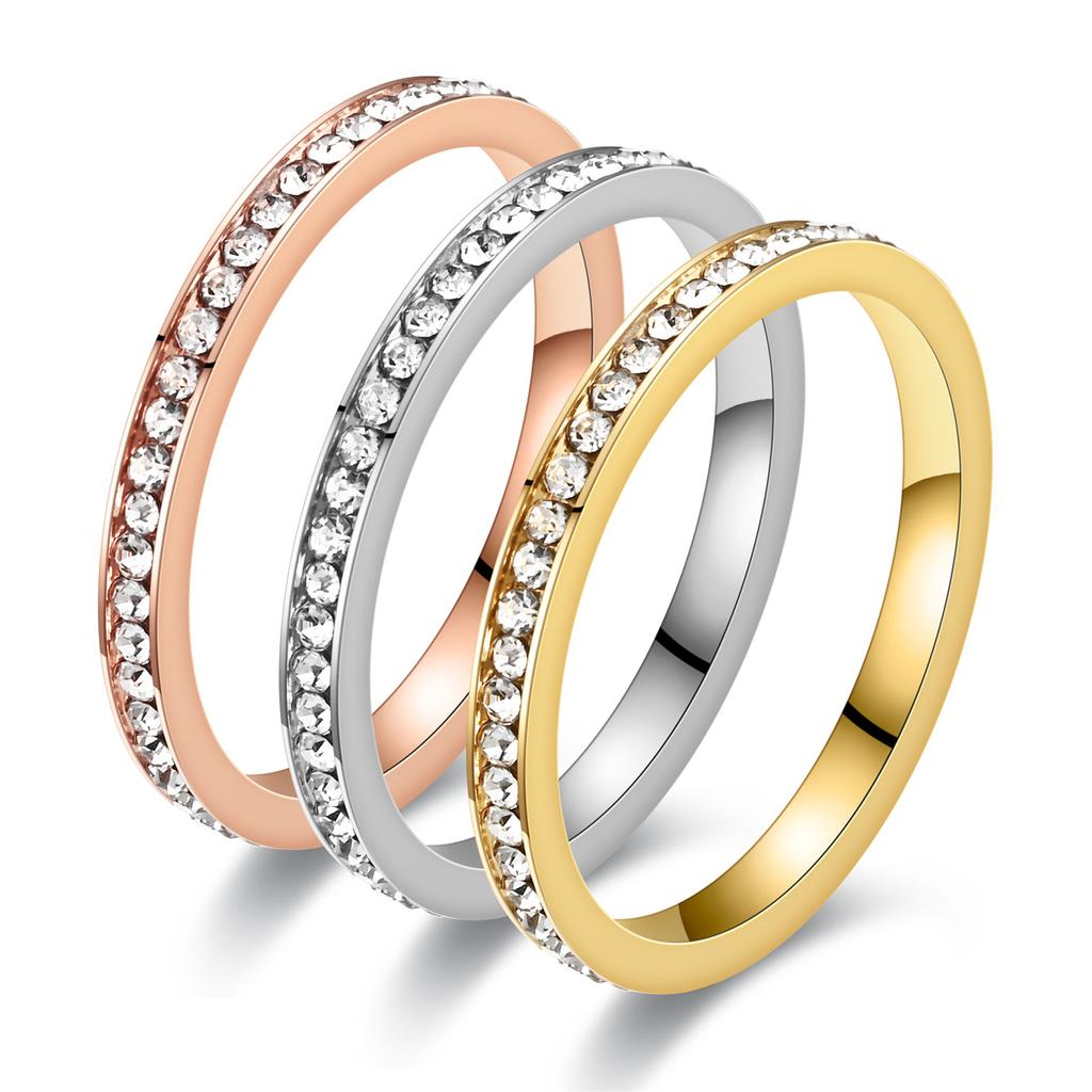 2025 2mm Iced Out Cubic Zirconia Ring Female Gold copper Color Stainless Steel Wedding Rings for Women Fashion Zircon Gift