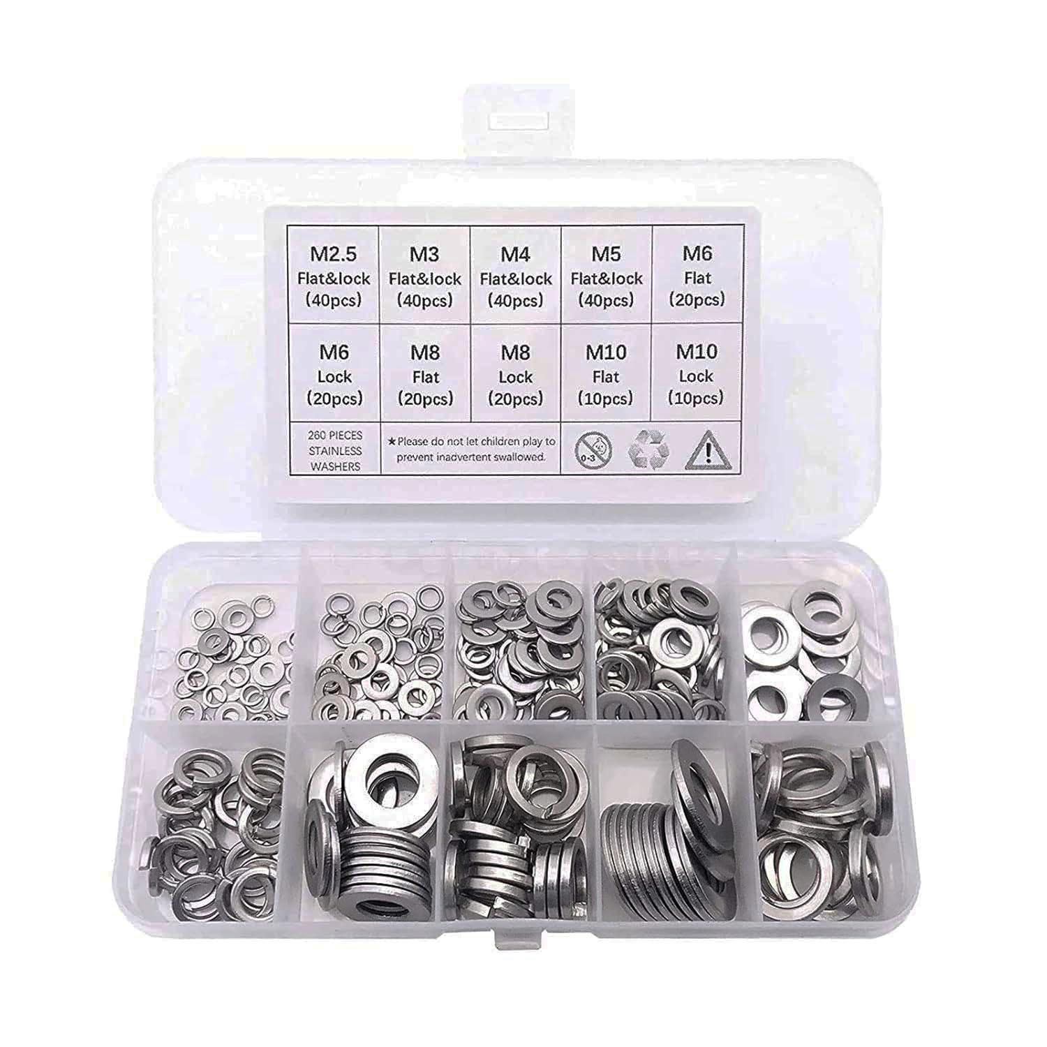 

304 Stainless Steel 2-Piece Spring & Flat Washer Set – 260/600/1050 pcs
