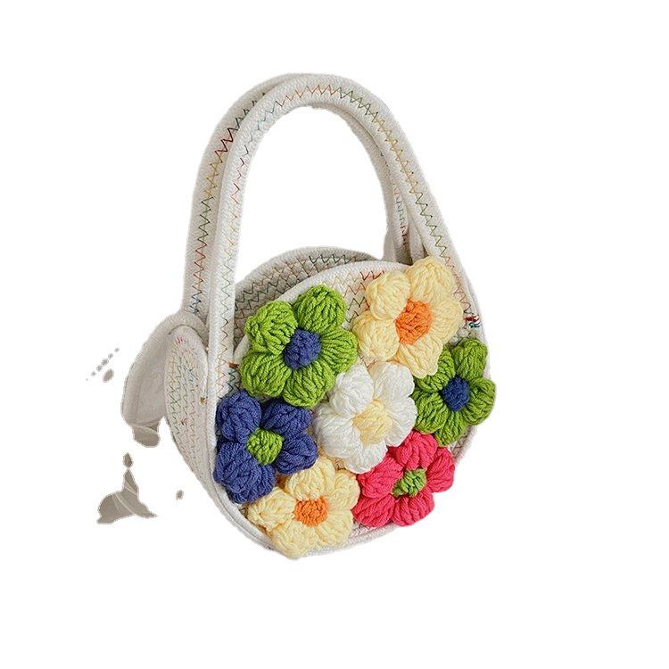 Sommar Handväska i Koreansk Stil, Vävda Bomull med Blommor, Axelväska för Kvinnor - Trendig Strandväska