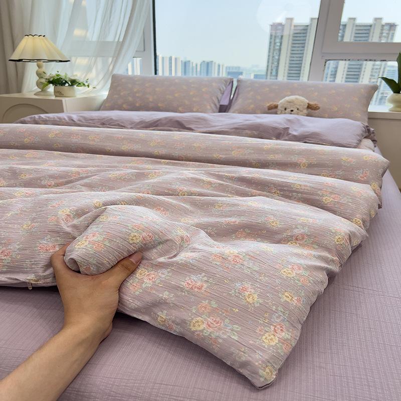 Ins wind bed four-piece spring small fresh quilt cover cartoon washed cotton bed sheet school dormitory bed three-piece set