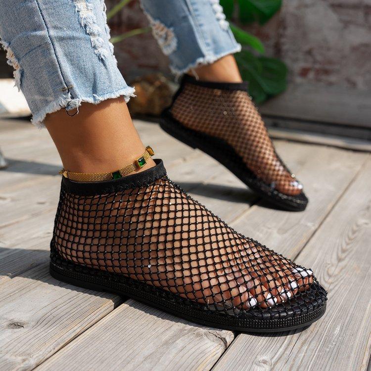 Fashion Women's New Round Toe Luxury  Flat Bottom Hollow Short Boots Water Diamond Sexy Flat Bottom Banquet Sandals