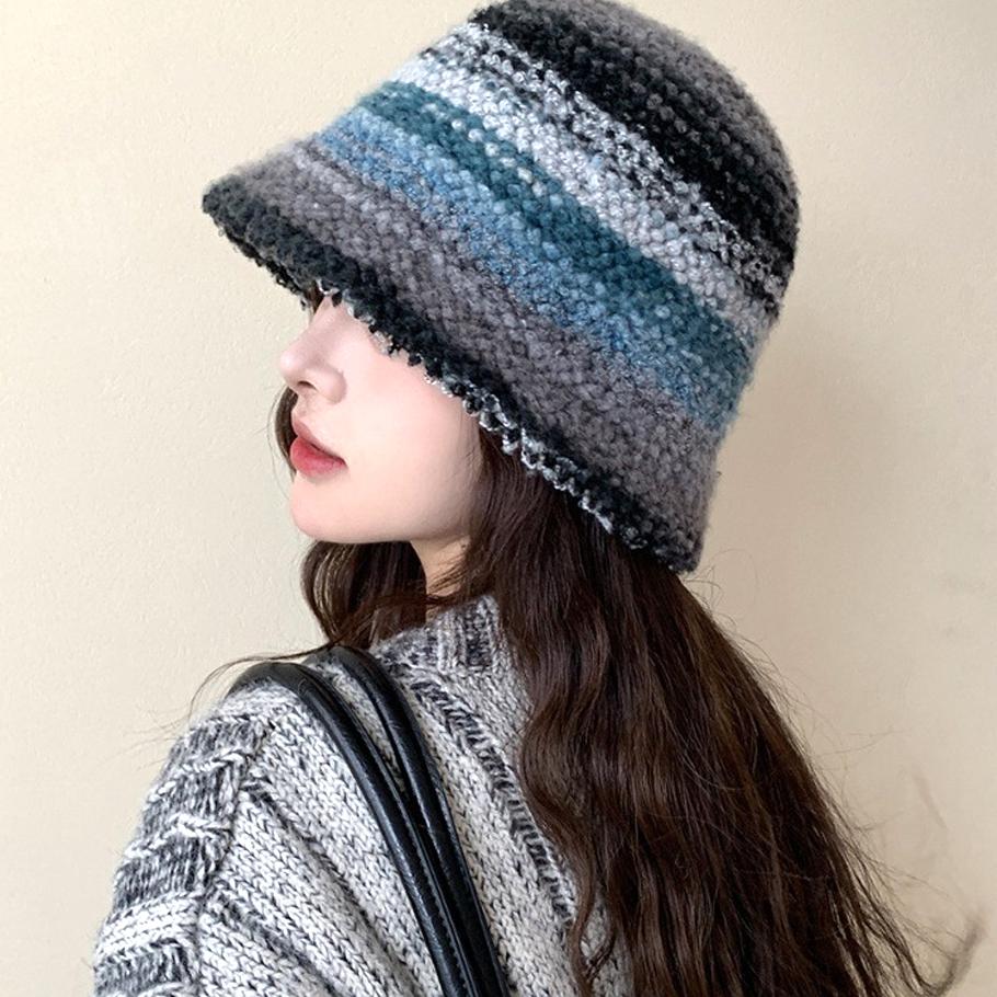 Colourful Knitted Bucket Hat Women Korea Autumn Winter Warm Dopamine Warm Fisherman's Hat Star Model Thickened