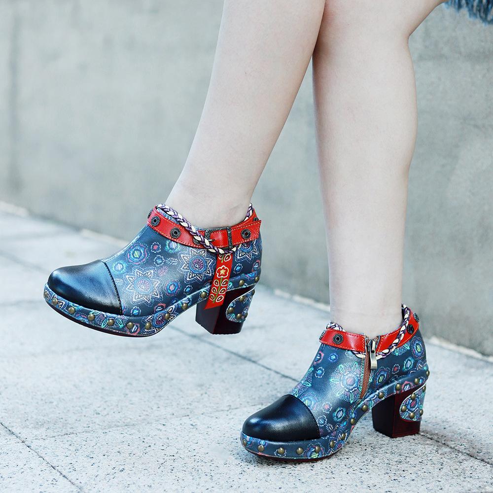 Patchwork din piele naturală Tocuri înalte cu pantofi retro cu relief pictat manual Pantofi versatili pentru femei