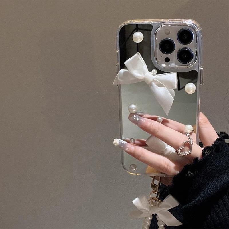 Applicable To Iphone16Pro Mobile Phone Case, Apple 17Pro Mirror High-End Sense 15, Pearl Bow 15 Handling