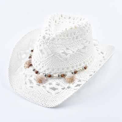 Spring Summer Hand Woven Straw Hat for Women Fashionable Shell Decoration Holiday Beach Sun Hat