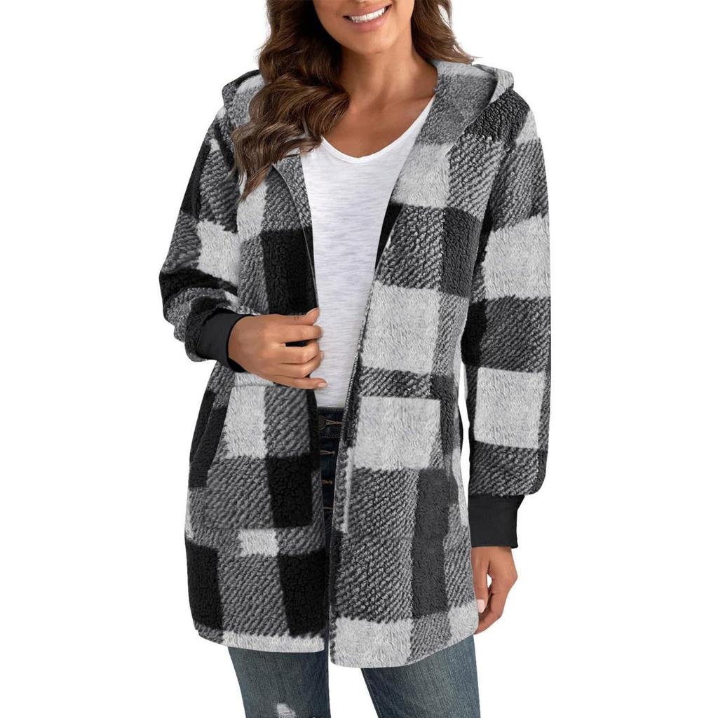 Fall Winter Women's Plaid Hooded Fleece Coat, New Casual Warm Outerwear for Women