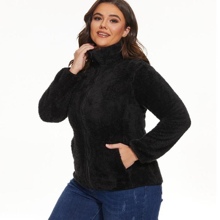 Warmer Wintermantel Damen Schwarz Fleece Stehkragen Langarm Reißverschluss Damen Herbstmantel