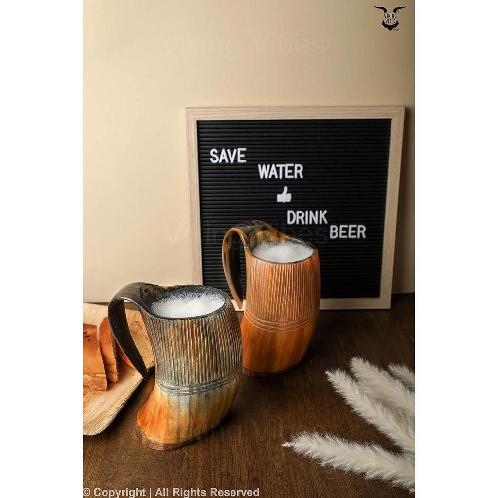 Vibes Horn Mug Tankard Special Edition - Hand Engraved Viking Original Horn Mug Cup for Mead, Ale and Beer - Original Medieval Mug (Pattern 1, 600 ML)