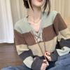 Stripe Contrast Lace Knitted Sweater Women Autumn and Winter Casual Design V-Neck Loose Short Sleeve Cardigan Sweater Female Top