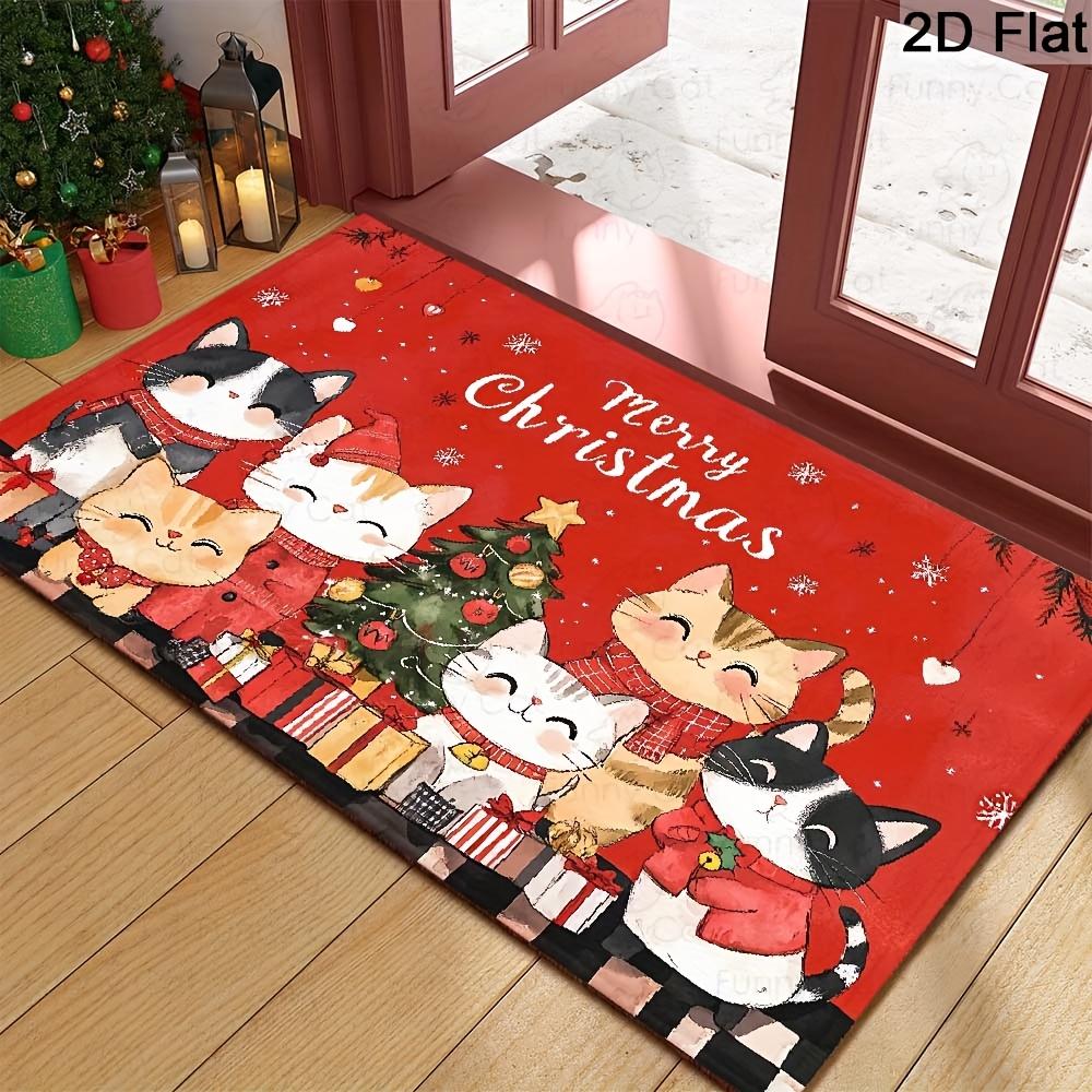 Merry Christmas Cat Rectangular Area Rug Cute Cartoon Cat Holiday Graphic Art Mat Fo Porch Festive Home Space Floor Mat