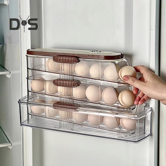Automatic Rolling Egg Container Fridge Storage Box Food Grade BPA Free Transparent Stackable Fridge Organizer with Lid
