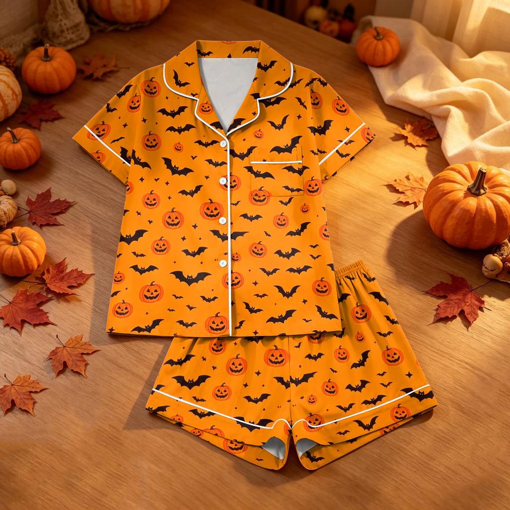 Conjunto de Pijama de Halloween con Estampado para Mujer, 2 Piezas, Casual, Cómodo, Ropa de Dormir