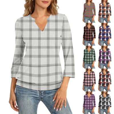 Women's 3/4 Sleeve Top Neck Hem V-Neck Summer Casual -Shirt Plaid Printed Top