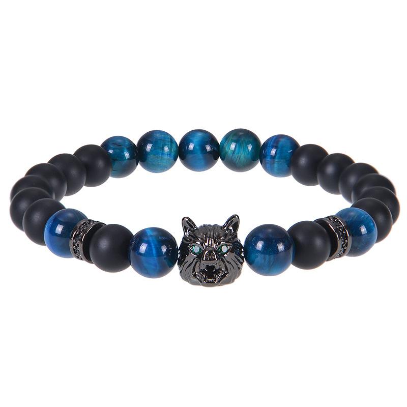 Wolf Charm Bracelets Men Natural Black Agates Onyx Stone Bracelet Brave Blue Tiger Eye Elastic 8 Mm Beads  Beaded Pulsera