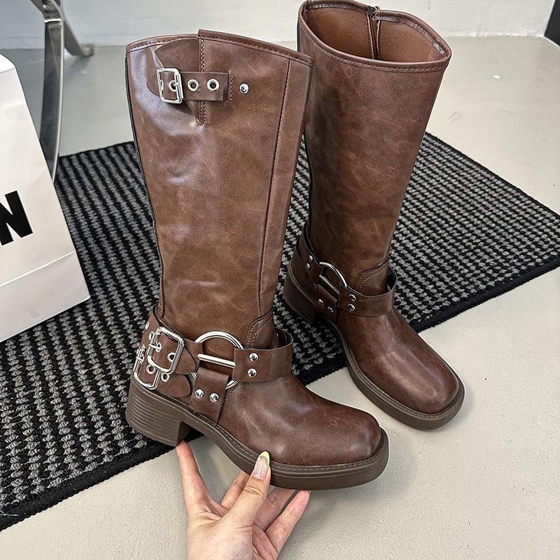 

Coarse heel brown but knee knight boots women s autumn 2025 new western cowboy british style tall boots 35 коричневый