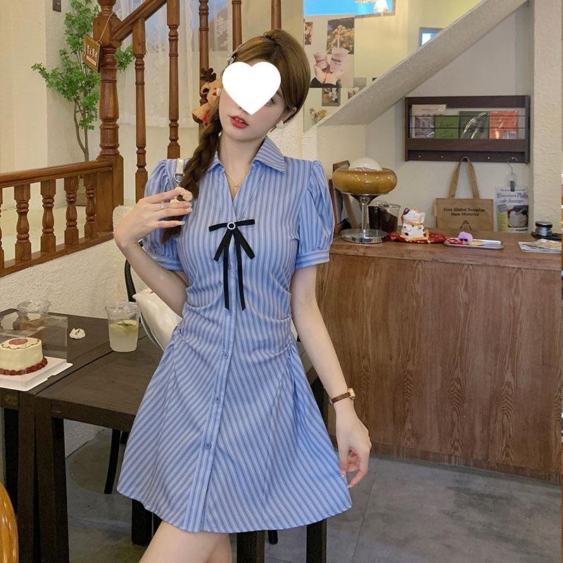 Blue Striped Shirt Dress Set Women's Summer New French Small Design Shorts Two-piece Set