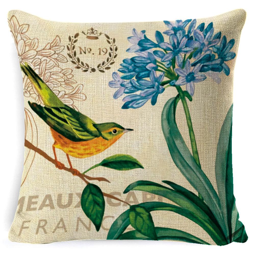 Village Style Rural Flower And Bird Sofa Pillow Cover Linen Spring Cushion Cover Car Waist Backrest Cover