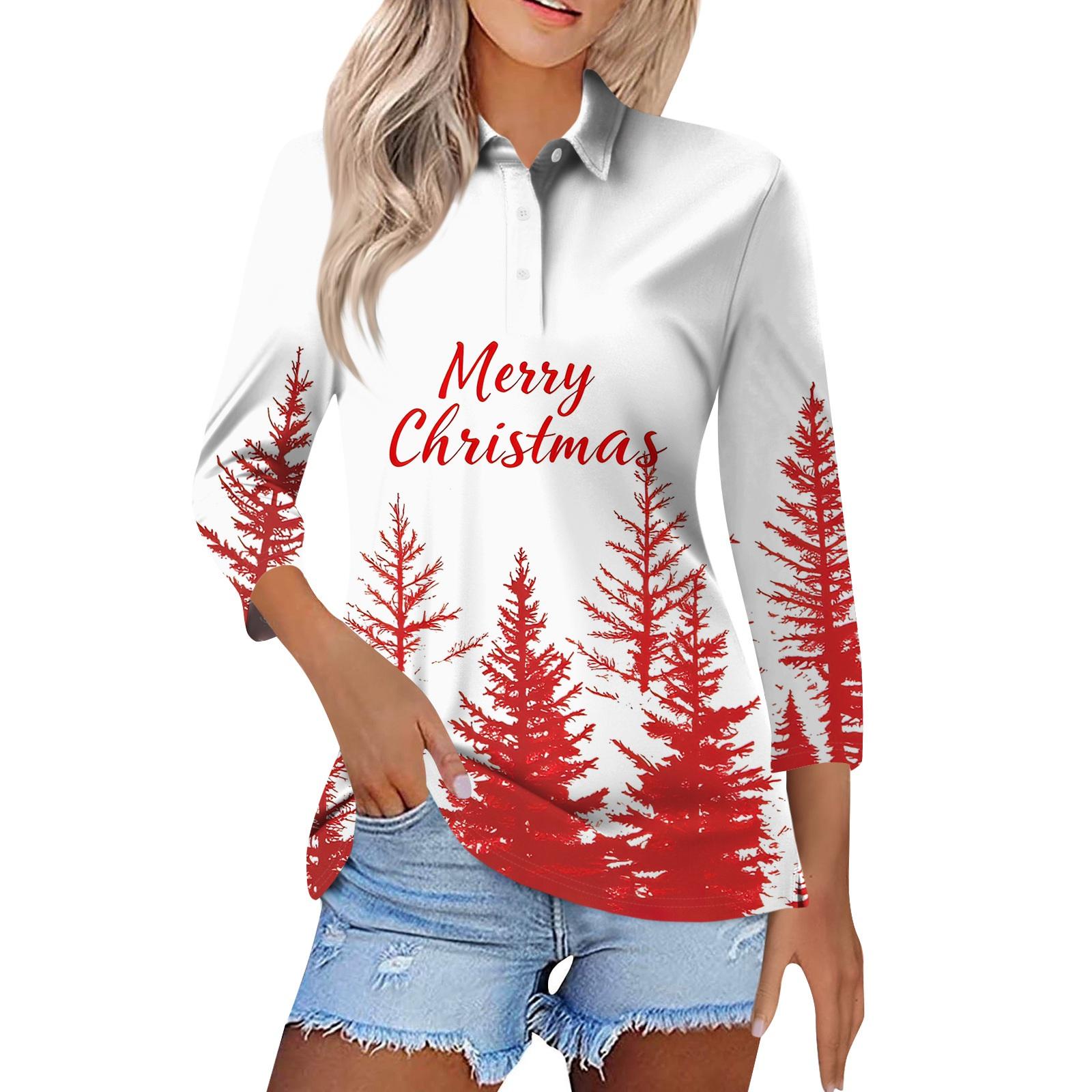 

Women s Fashion Casual Lapel Short 3/4 Sleeve Christmas Print Shirt Women s Button Up Tops M