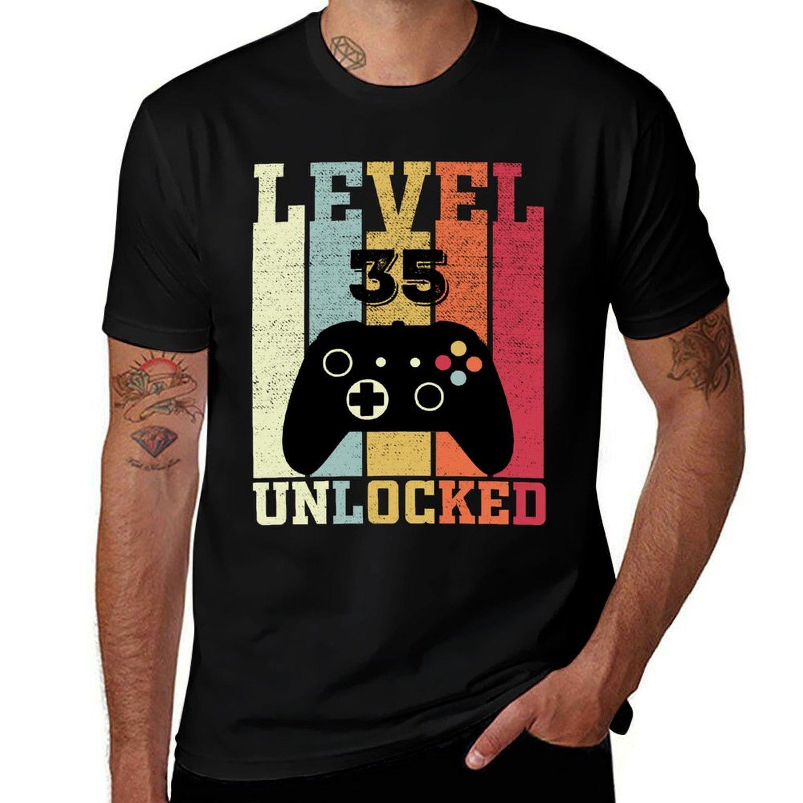 

Level 35 Unlocked Funny Video Gamer 35th Birthday Gift T-Shirt street wear cute clothes summer clothes mens t shirt graphic 4XL