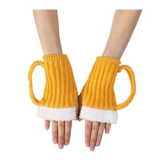 Beer Mug Leg Warmers Funny Hat, Novelty Knitted Unique 3D Cup Headwear with Handles, Winter Warm Gloves for Adults, Men And Women Cozy Thanksgiving