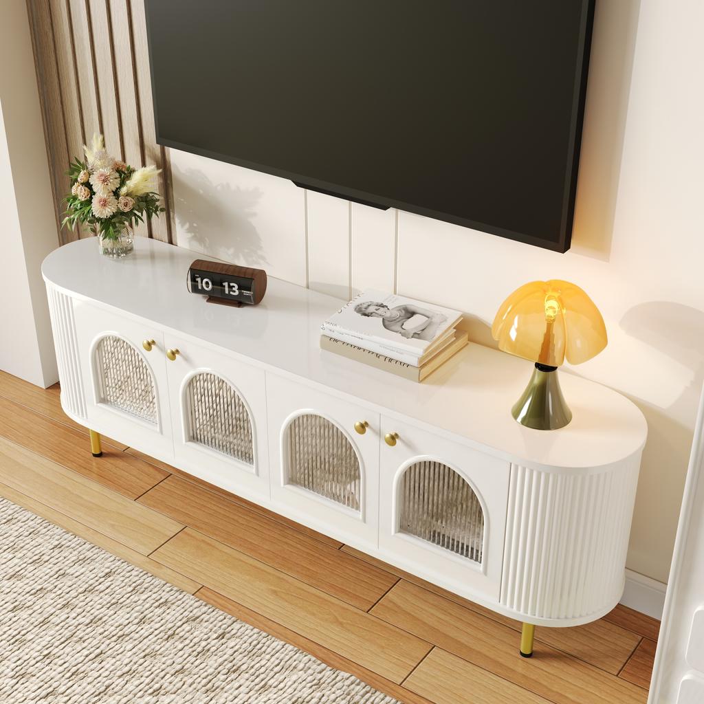 TV cabinet, lowboard with glass doors, practical storage furniture for the living room, golden handles and legs