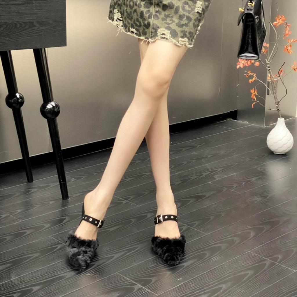 2025 autumn and winter new pointed belt buckle thin heel temperament French fashion sexy beauty bag head high heel fluffy shoes