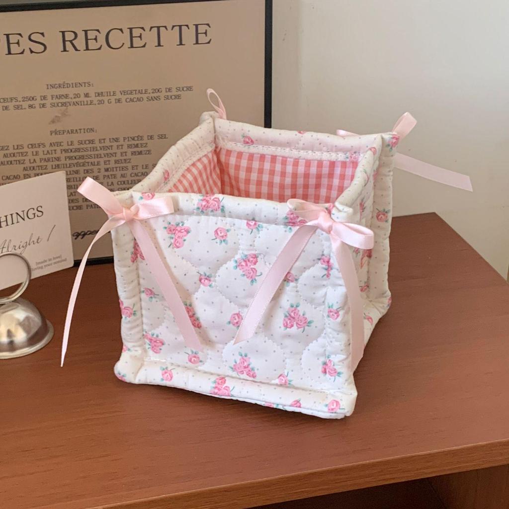 Korean Pink Plaid Quilted Storage Basket - Aesthetic Living Room & Bedside Organizer