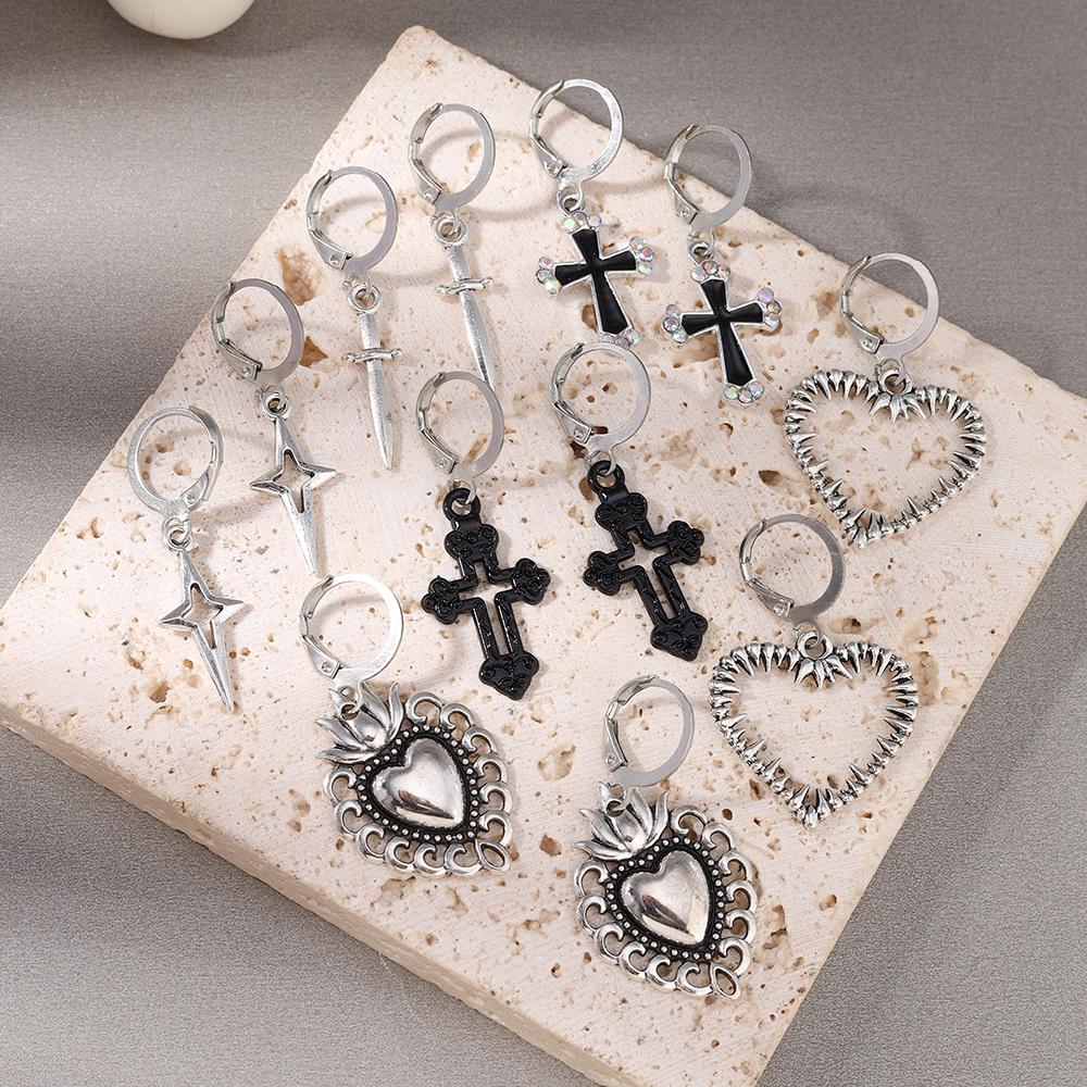 6pairs Gothic Cross Pendant Earrings for Women Men Love Heart Dangle Earrings Metal Punk Jewelry Gifts