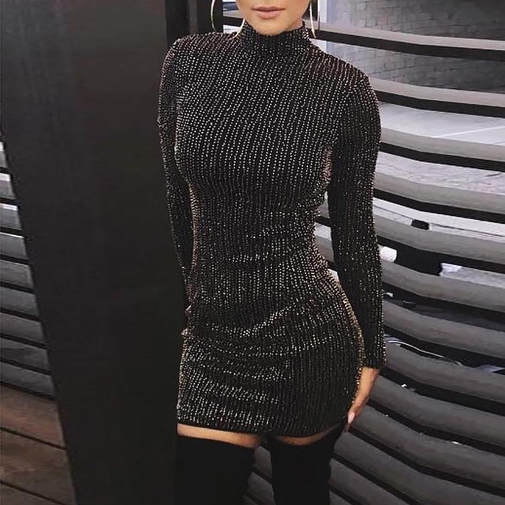 Women Sexy Sequin Turtleneck Slim Fit Lady Long Sleeve Everying Party Dress
