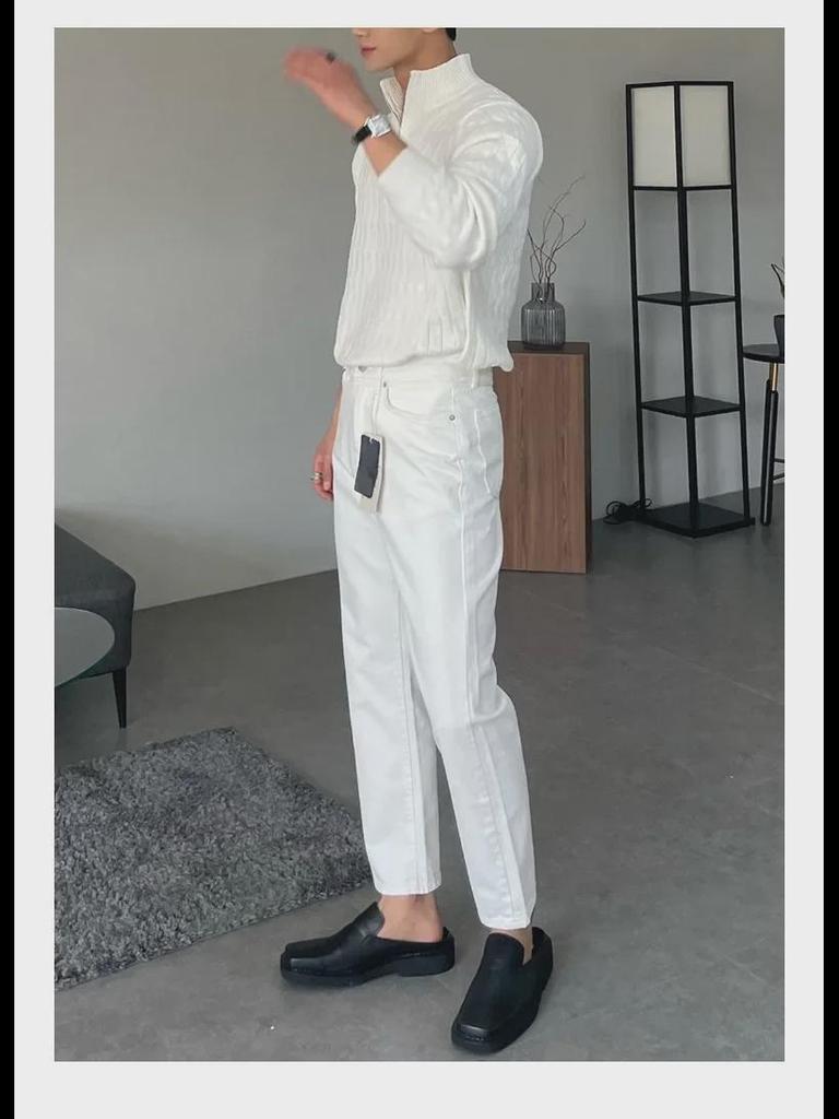 Men's High-End White Half-Turtleneck Zipper Knit Pullover Sweater, Fashionable and Versatile Long-Sleeved Jacket