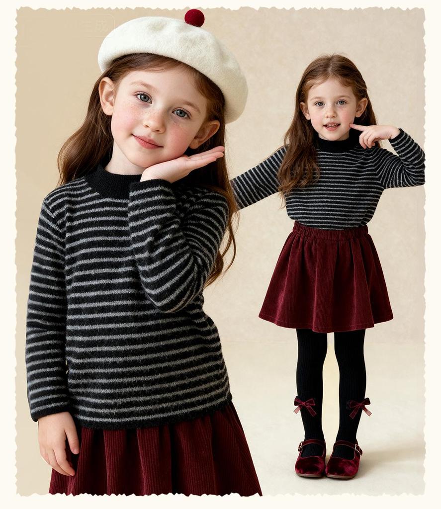 Tongbei 2025 Winter Girls' Striped Semi-High Neck Sweater: Soft, Warm, Versatile