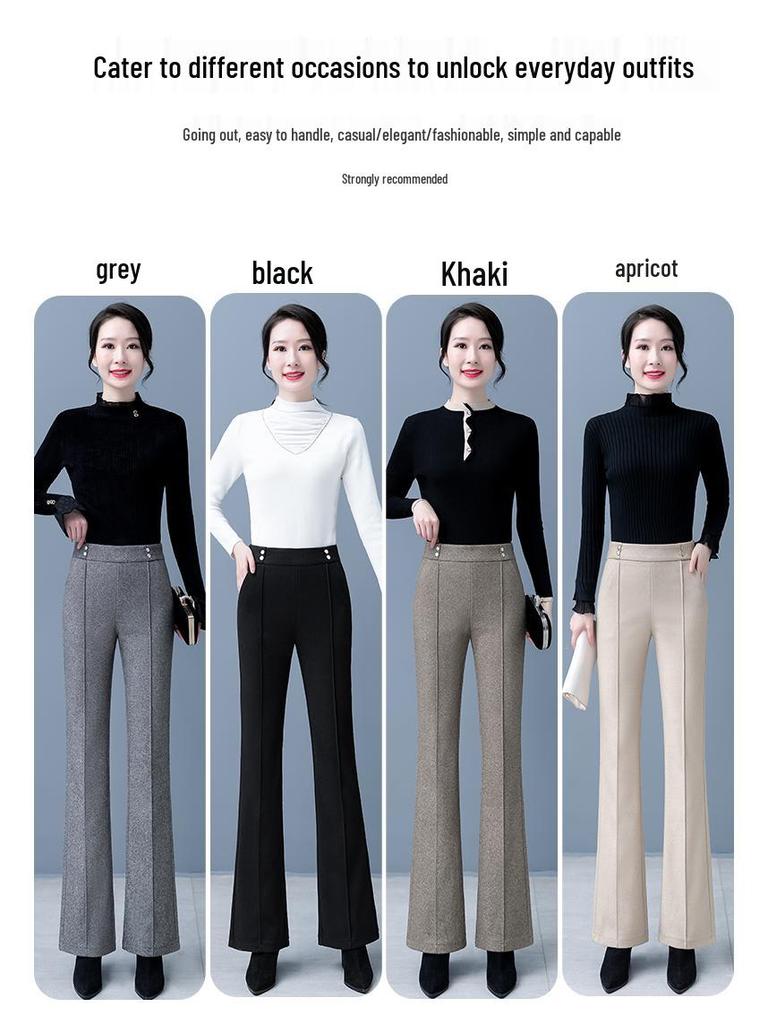 Women's High Waist Woolen Flare Pants, Fleece-lined, Slimming Casual Winter 2025 Trousers for Middle-aged Moms.