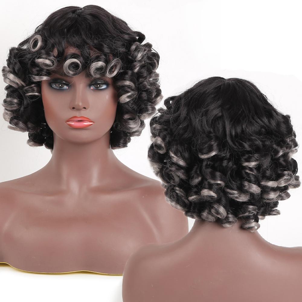 Bybrana Short Curly Hair Bangs Daily Wear Synthetic Hair Personality Wig