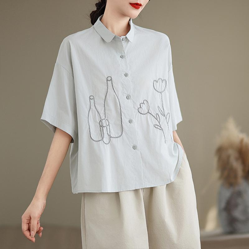 DIMANAF 2026 Women Plus Size New Summer Blouse Shirt Short Sleeve Embroidery Casual Loose Lady Tops Shirts Cotton