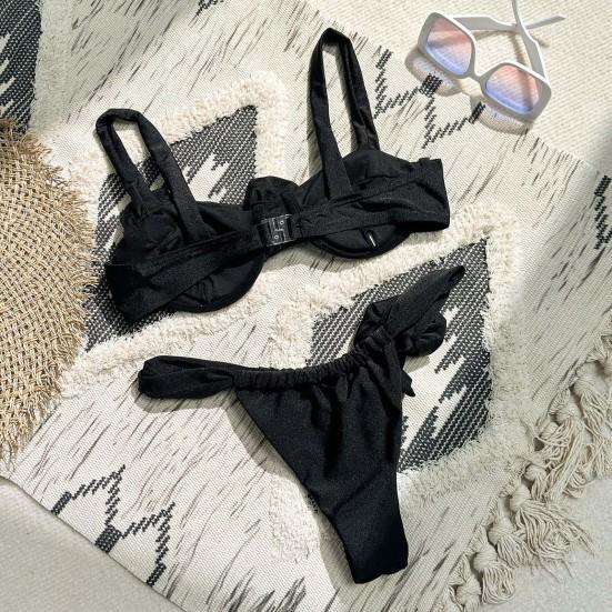 2Pcs/Set Women Summer Bikini Set Bandeau Sling Flower Decor Bra High Waist Briefs Set Push Up Bathing Suit Split Design Swimsuit