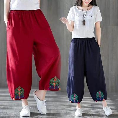 Pantaloni a lanterna da donna primaverili ed estivi letterari retrò con ricamo, comodi casual a nove minuti