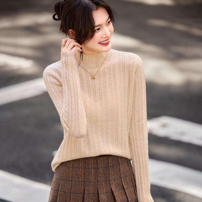 Srcr Women s 100% Cashmere Semi-High Neck Cable Knit Sweater XL