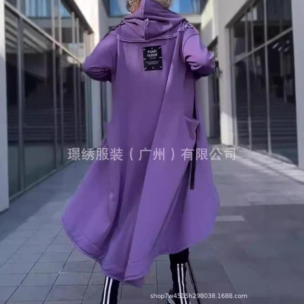 Women's Purple Hooded Long Coat, Zip Front, Side Pockets, Oversized Fit