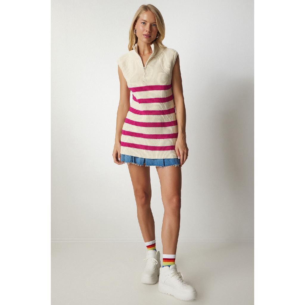 Women's Cream Black Zippered Collar Striped Sweater Mx00123