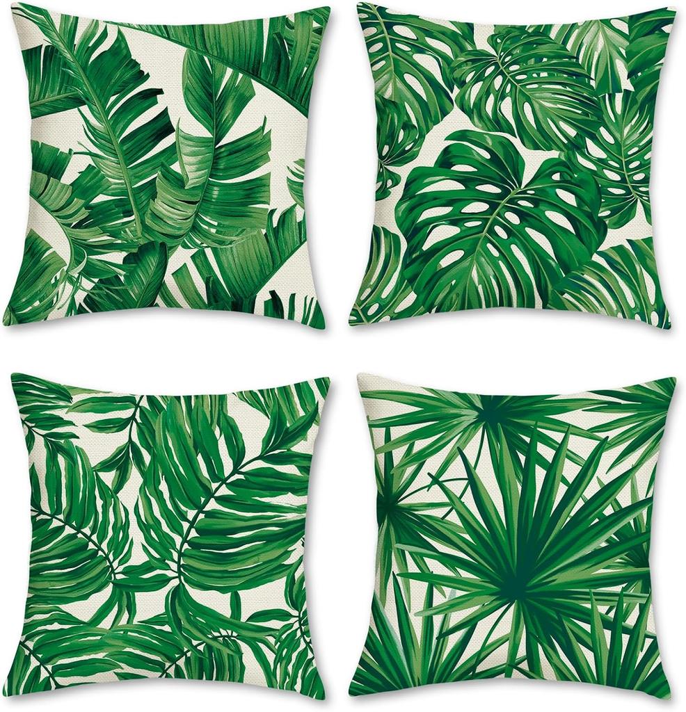 4Pcs Tropical Leaf Cushion Covers, Vibrant Green Monstera & Palm Print Pillow Cases For Sofa Bedroom Living Room 45X45Cm