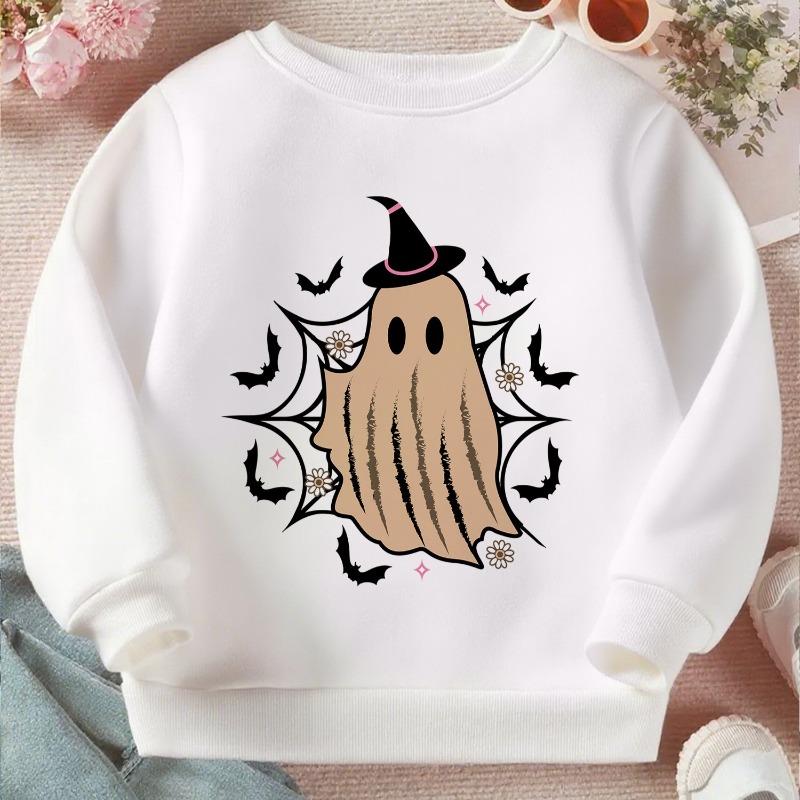 Kids Crewneck Sweatshirt, Cute Witch Hat Spooky Graphic Print, Soft Loose Fit Long Sleeve Pullover