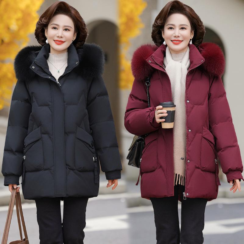 Authentic Mid-Length Women's Winter Down Jacket with Real Fur Collar for Middle-Aged and Elderly    