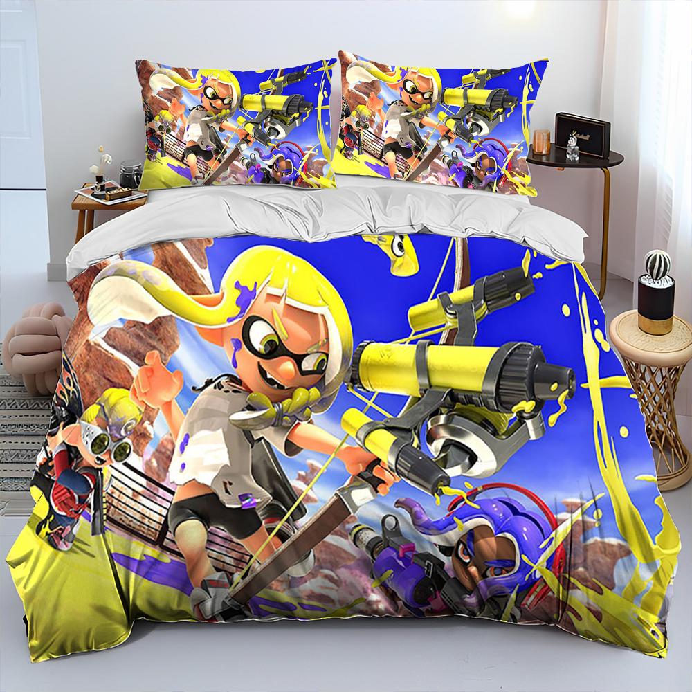 S-Splatoon Game Gamer Cartoon Comforter Bedding Set,Duvet Cover Bed Set Quilt Cover Pillowcase,King Queen Size Bedding Set Kids