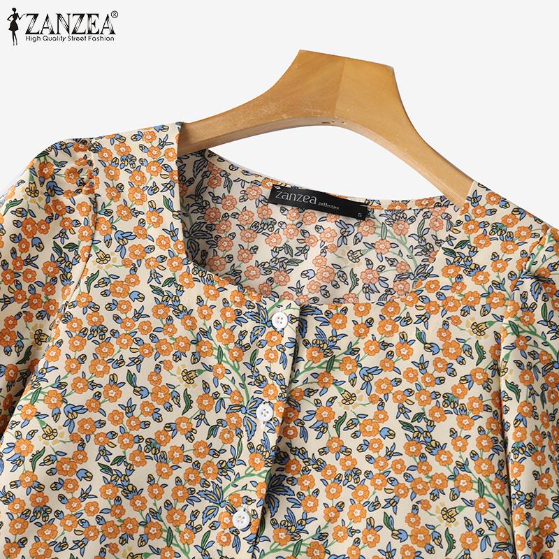 ZANZEA Damen Druck Quadratischer Ausschnitt Kurzärmelig A-Saum Blusen