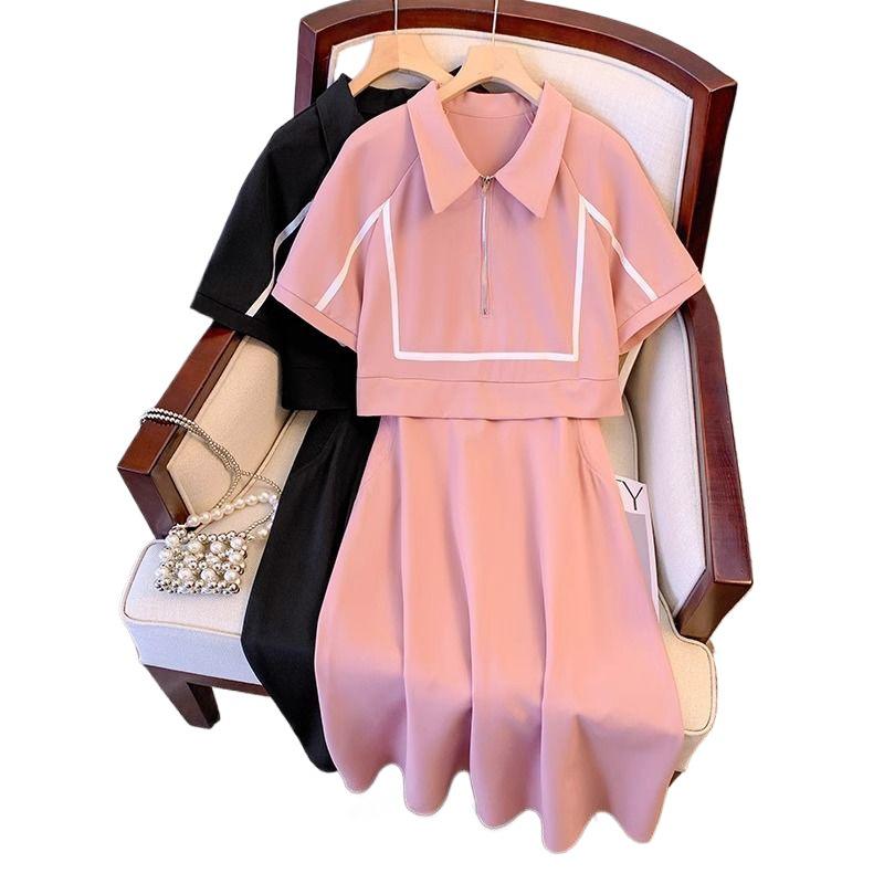 Plus Size Stylish Two-Piece Look Polo Dress - Summer Casual Short Sleeve Slimming Skirt
