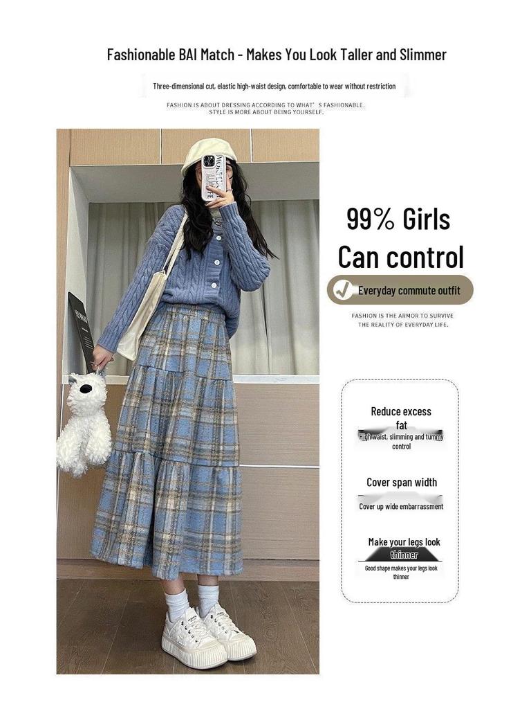 Retro Red Plaid Woolen Midi Skirt with Elastic Waist and Big Swing