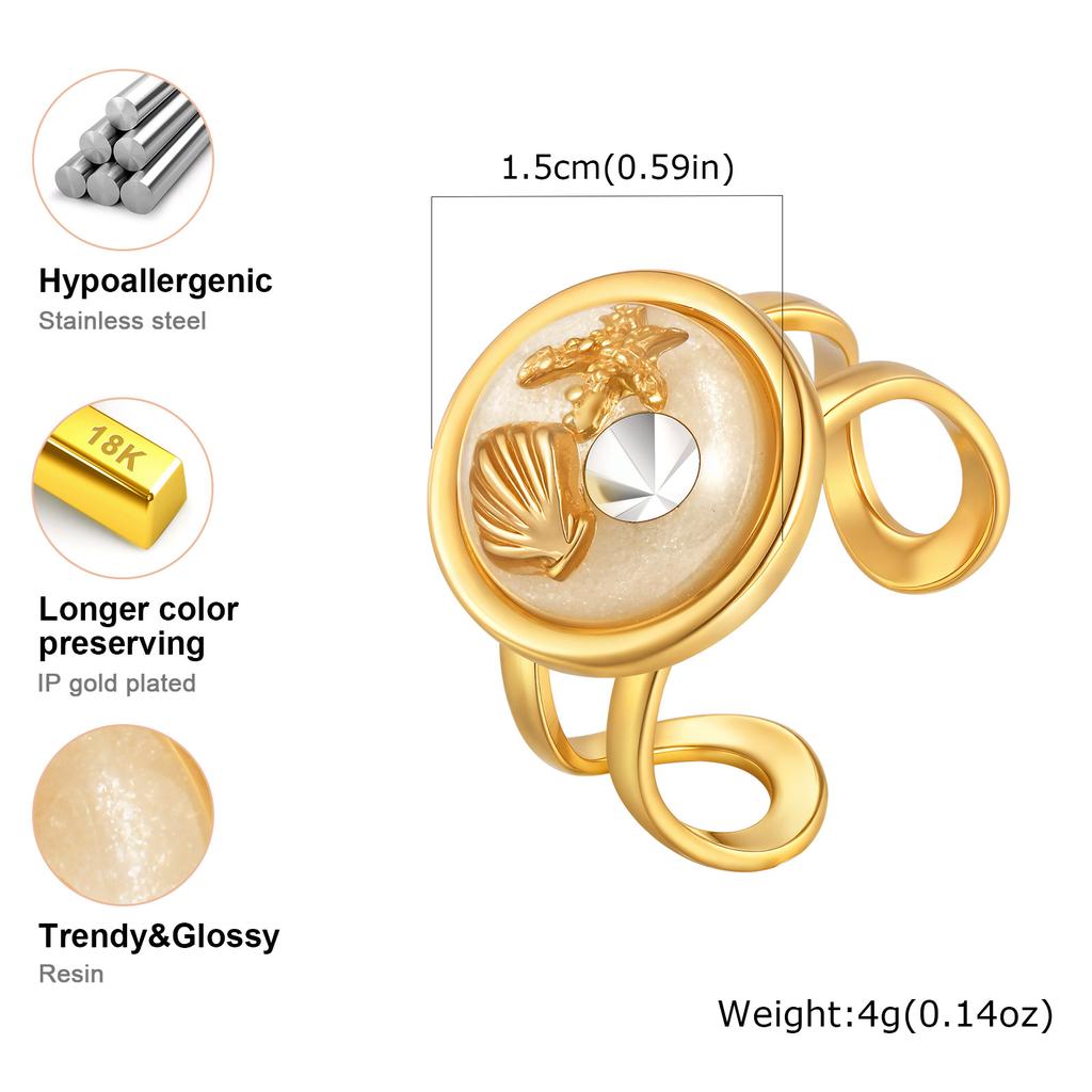 Chic Round Resin Opening Ring for Women,Gold Plated Stainless Steel Rings,Marine Style Set Jewelry Gifts